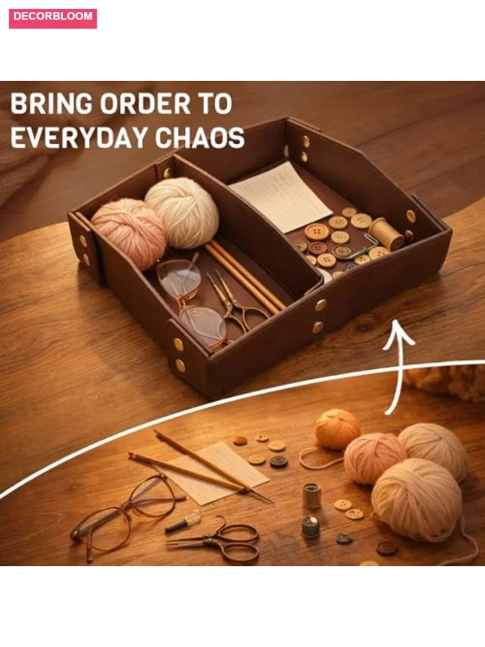 PU Leather Catch All Tray with Removable Divider - EDC Organizer